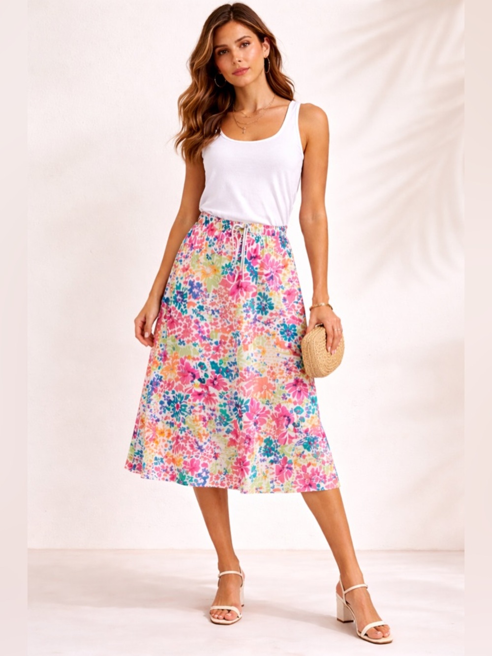 Christopher & Banks Linen Floral A-Line Midi Skirt XL Petite Rare